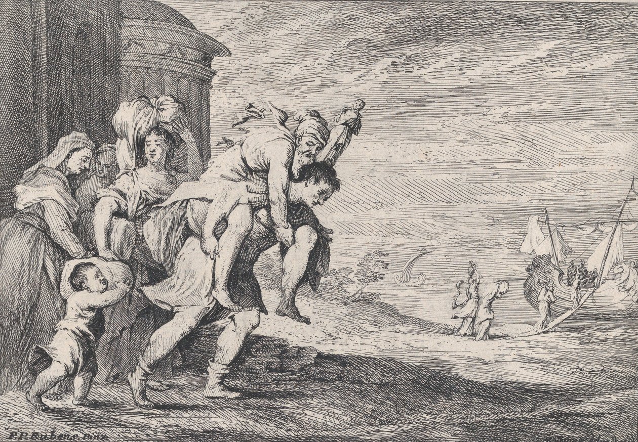 Aeneas flieht aus Troja, mit einer Gruppe von sechs Figuren, die die Stadt links verlassen, Aeneas trägt..., 1728 von Anton Joseph von Prenner