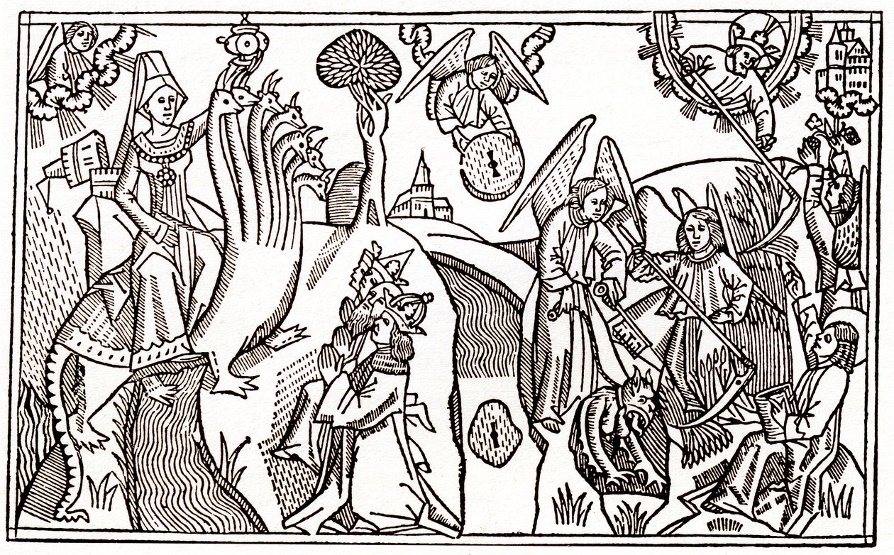 Die große Hure von Babylon reitet auf dem siebenköpfigen Tier und die Engel schneiden Weizen, während sie den Teufel gefangen halten von Anton Koberger