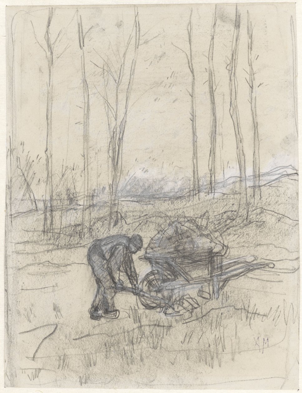 Bauer bei der Arbeit mit einer Schubkarre im Wald von Anton Mauve