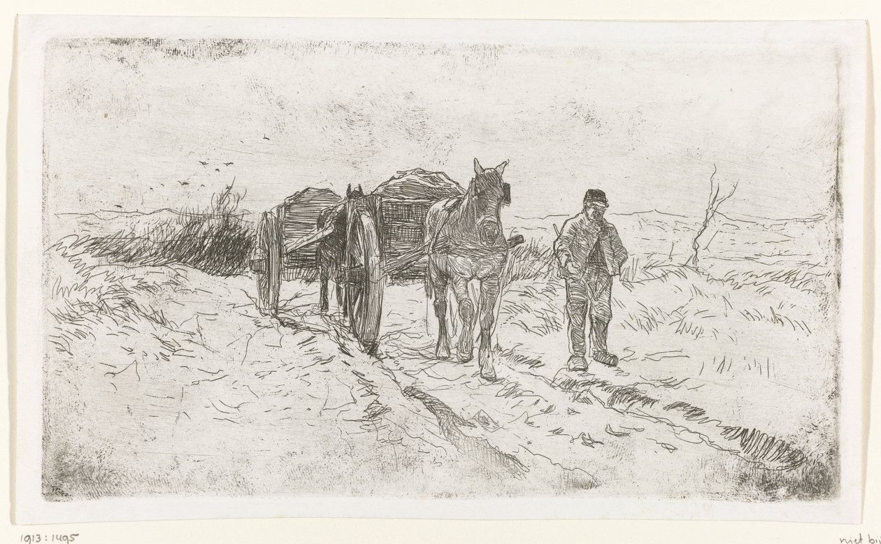 Bauer neben zwei von Pferden gezogenen Karren von Anton Mauve