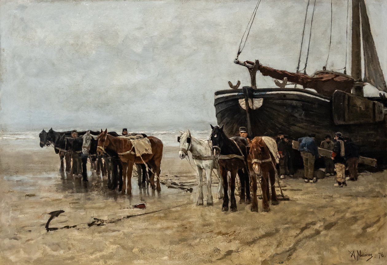Bomschuit mit Schlepppferden am Strand von Scheveningen von Anton Mauve