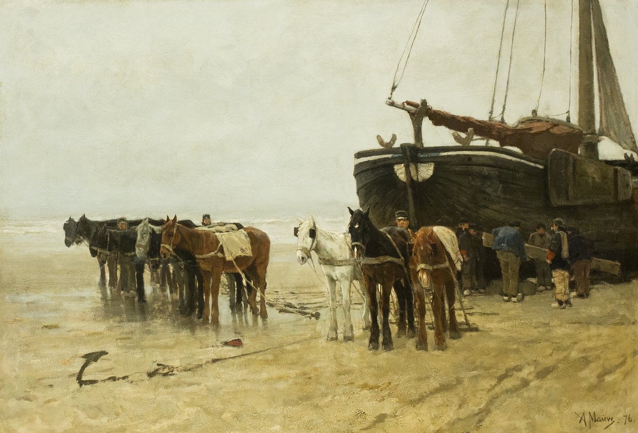 Bomschuit mit Schlepppferden am Strand von Scheveningen von Anton Mauve