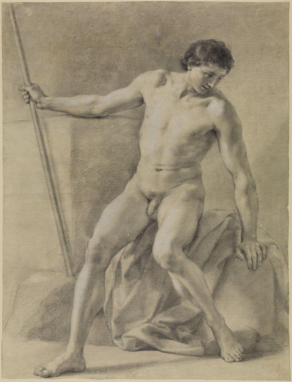 Sitzender männlicher Akt, fast frontal, Stab in der Rechten, niederblickend von Anton Raphael Mengs