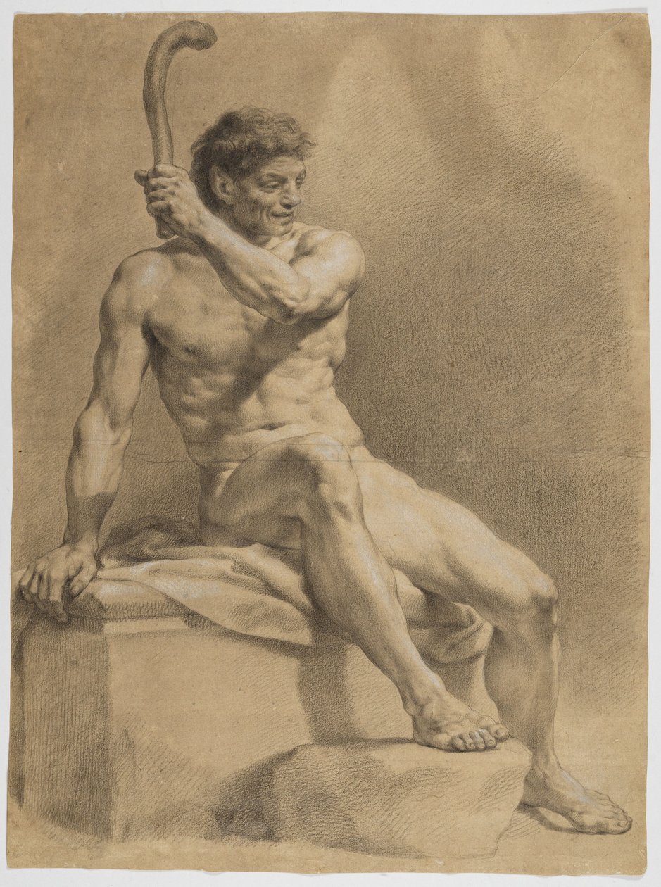 Sitzender männlicher Akt, schräg nach rechts, mit der Linken eine kleine Keule emporhaltend von Anton Raphael Mengs