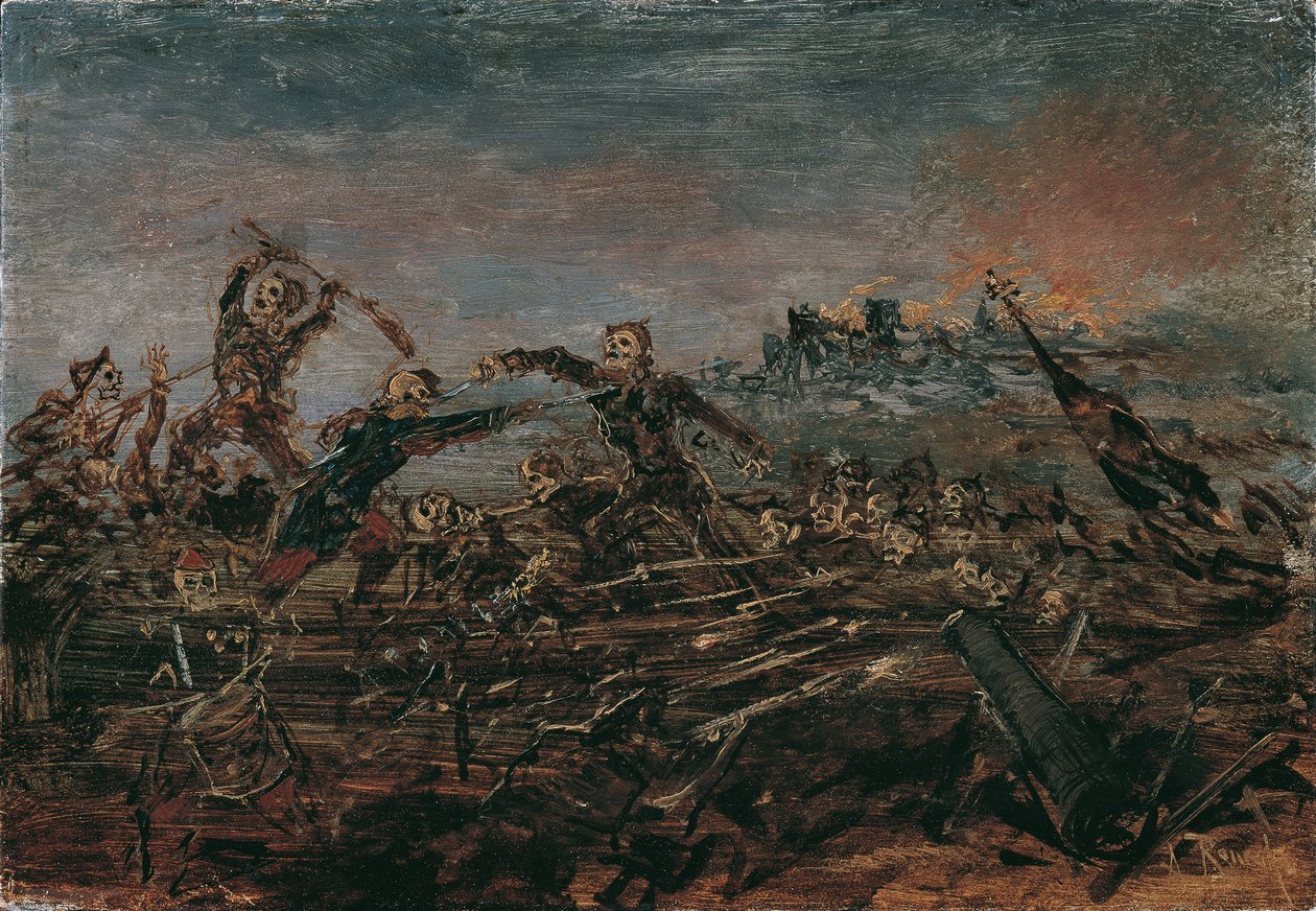 Totentanz auf dem Schlachtfeld vor brennenden Ruinen, 1882-1885 von Anton Romako