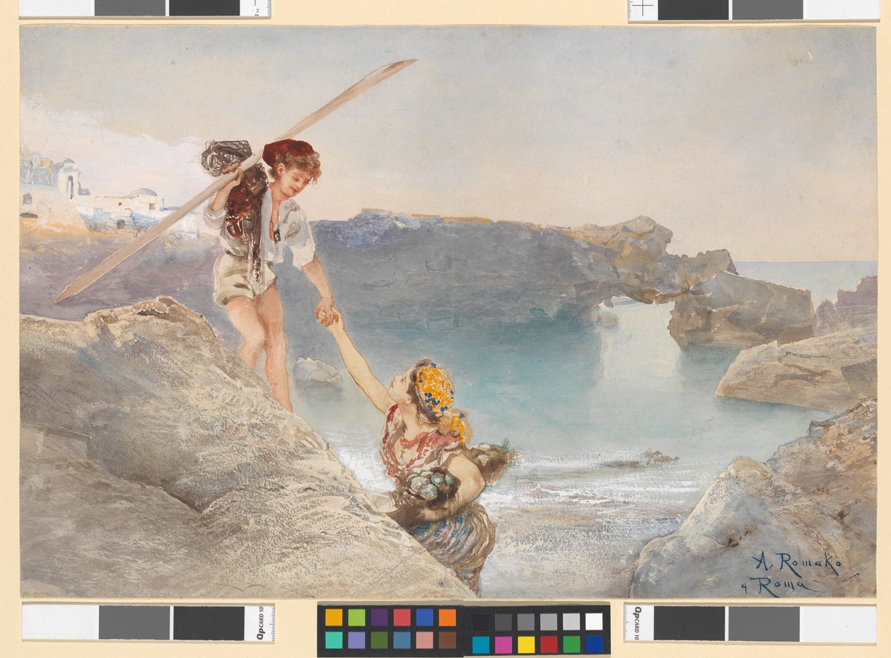 Italienischer Fischerknabe und Fischermädchen an der Felsküste von Capri von Anton Romako