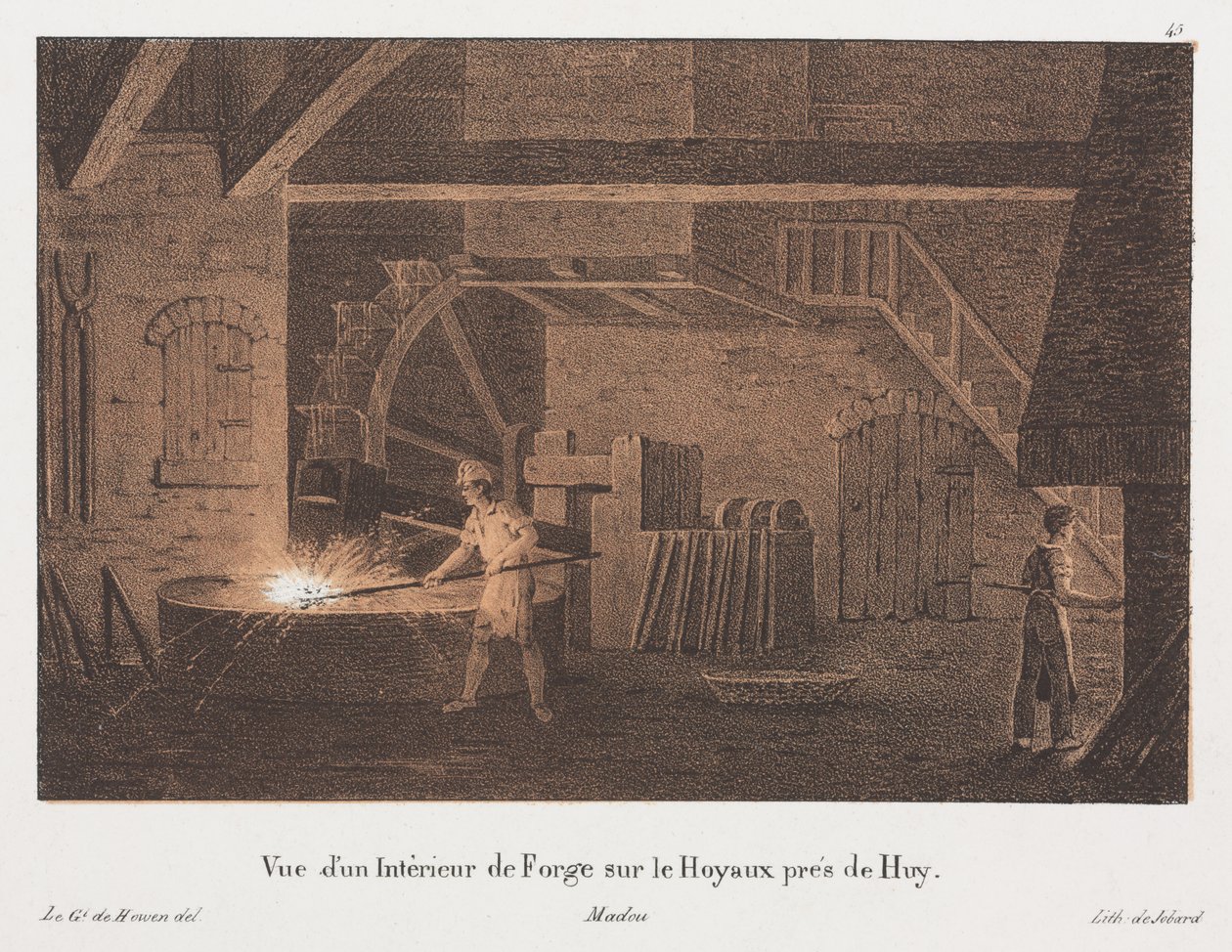 Innenansicht einer Schmiede bei Huy, Belgien, graviert von Jean-Baptiste Jobard von Anton de after Howen