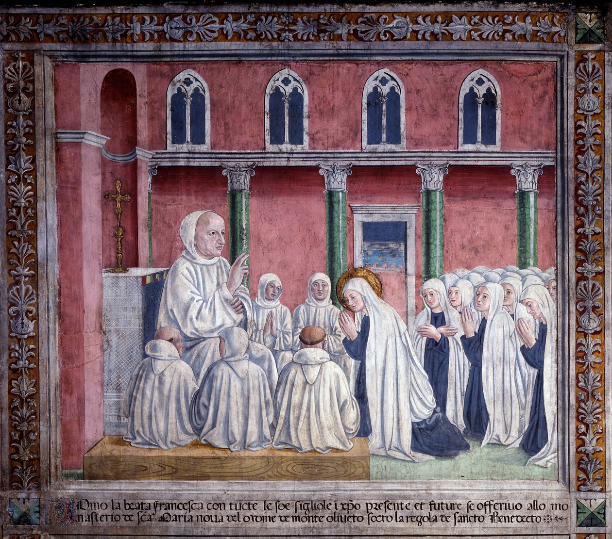 Leben der heiligen Francesca Romana: Die Heilige und die Oblaten bieten sich dem Benediktinerorden an und lassen sich in der Kirche Santa Maria Nova, Rom, nieder (Fresko) von Antoniazzo Romano