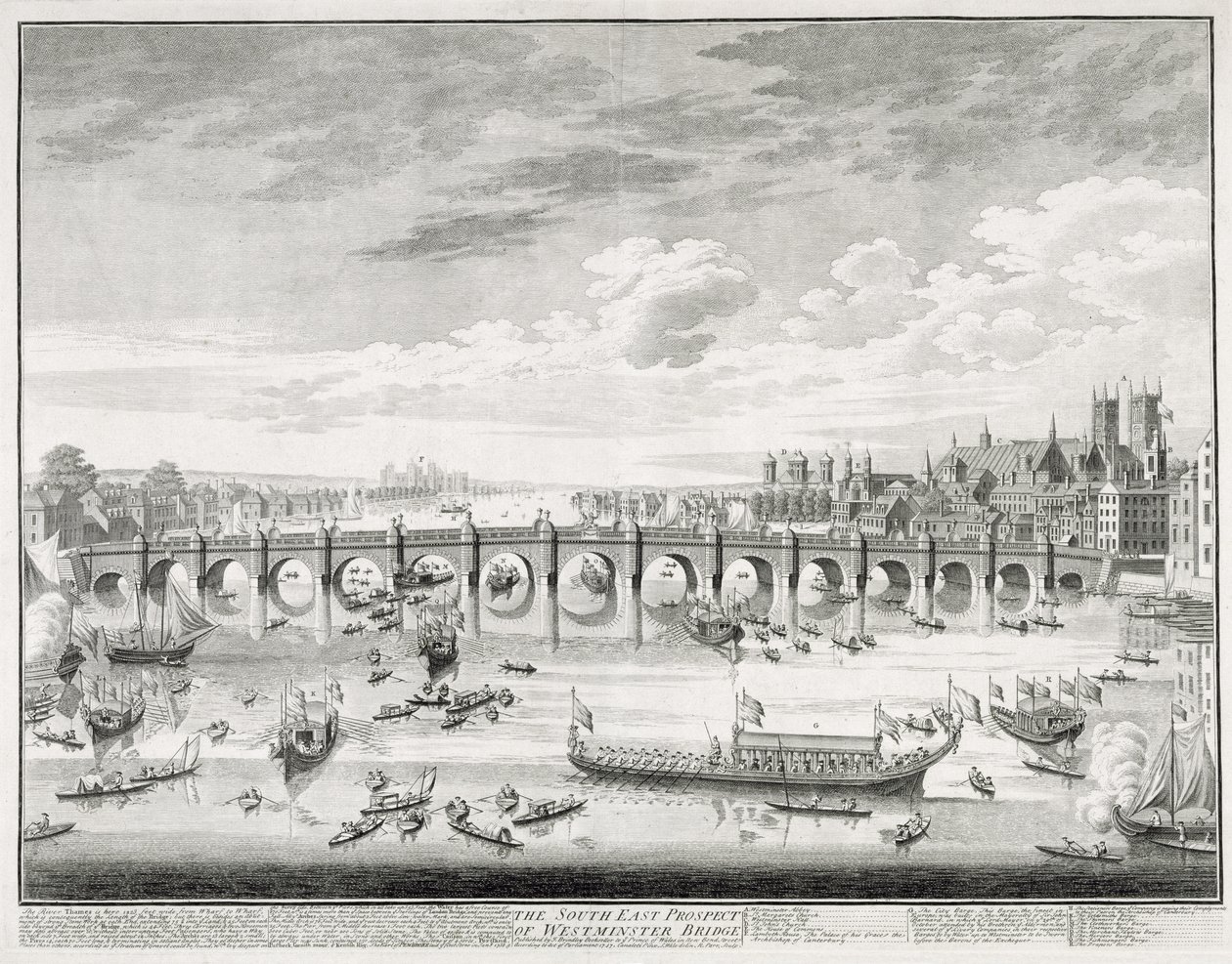 Die Südostansicht der Westminster Bridge - Boote kommen im Parlament an zur Vereidigung von Sir John Barnard (1685-1764) als Lord Mayor der City of London, 1747 von Giovanni Antonio Canal