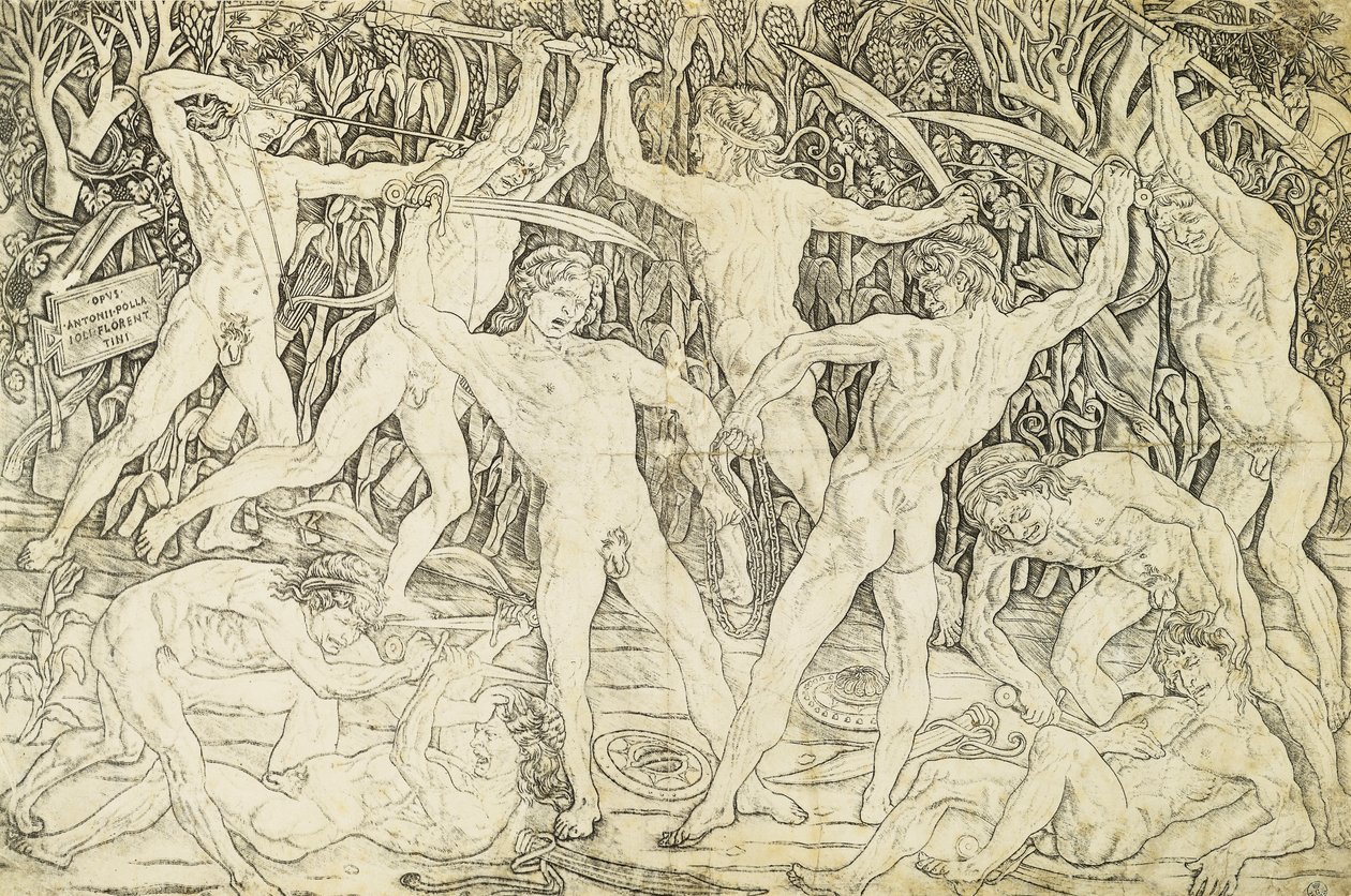 Nackte im Kampf, von Antonio del Pollaiuolo (ca. 1431-1498), Gravur von Antonio Pollaiuolo