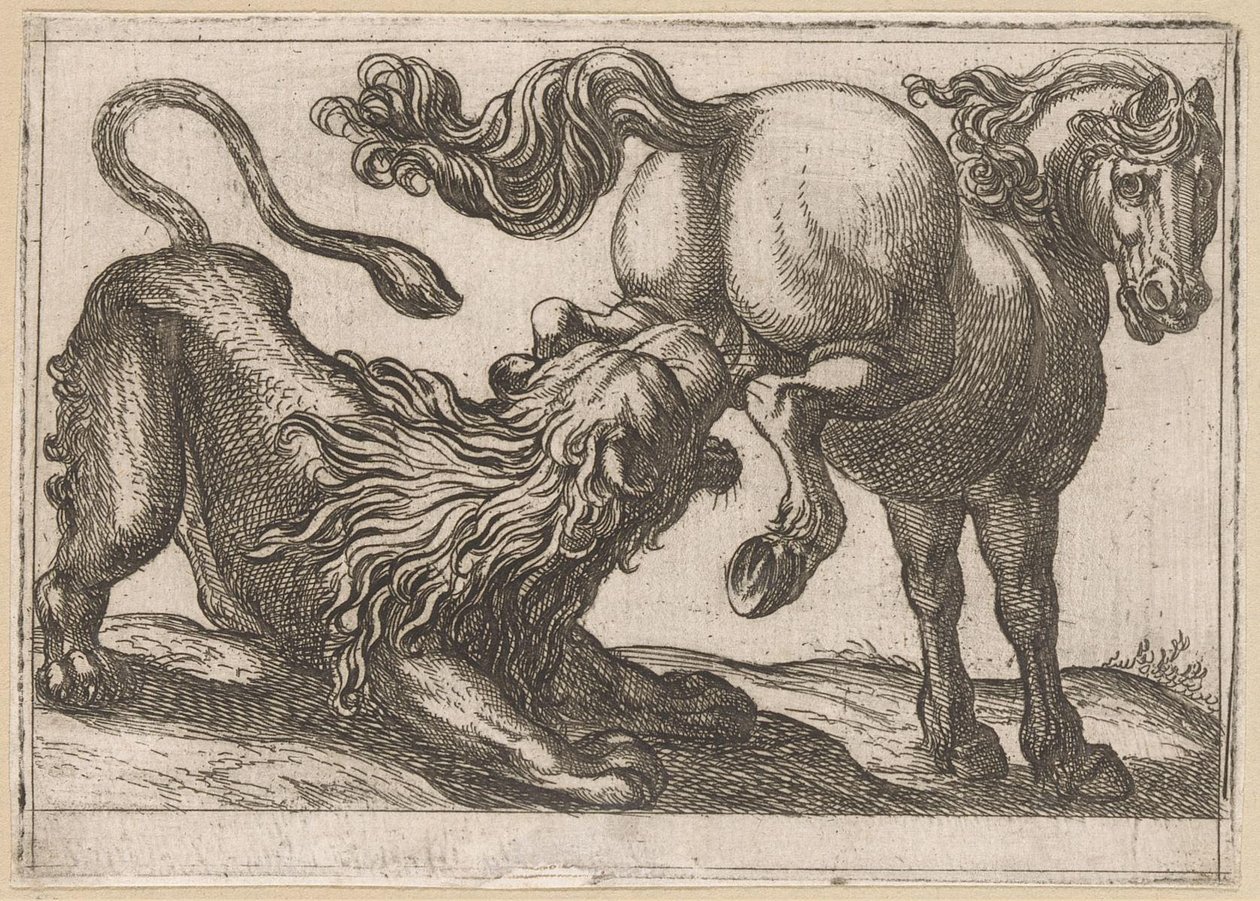 Ein Pferd tritt einen Löwen von Antonio Tempesta