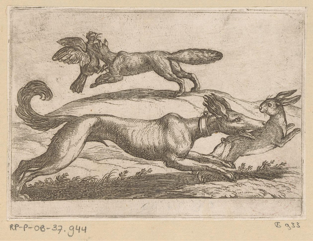 Ein Fuchs greift ein Huhn an und ein Hund einen Hasen von Antonio Tempesta