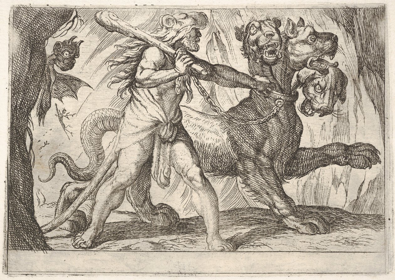 Herkules und Cerberus: Herkules ergreift das Halsband von Cerberus, zwei Dämonen erscheinen links von Antonio Tempesta