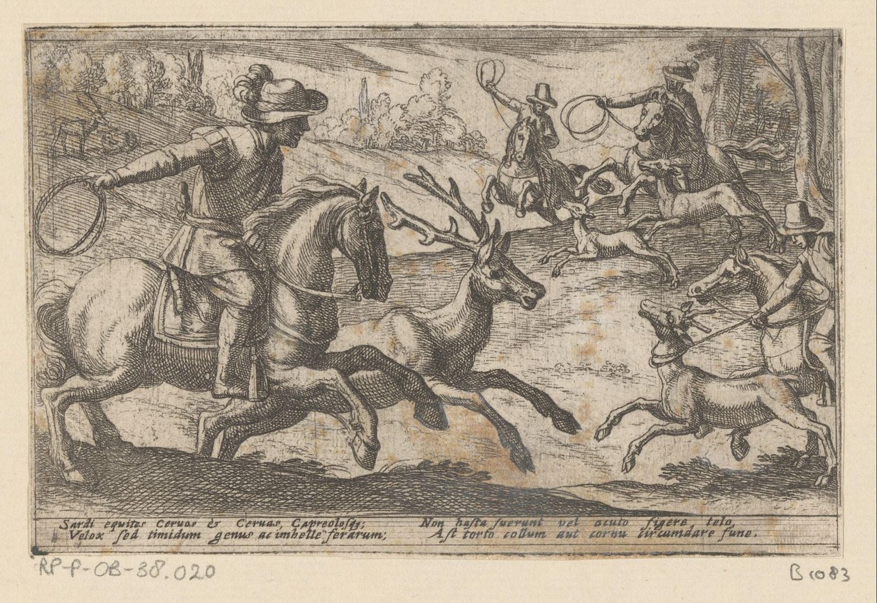 Jäger fangen Hirsche mit Seilen (Diverse Jagd- und Kampfszenen, Venationes Ferarum, Avium, Piscium Pugnae bestiariorum: et mutuae bestiarum) von Antonio Tempesta