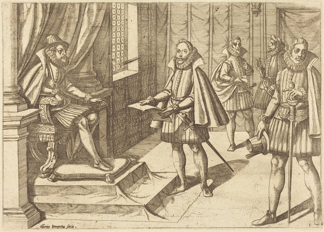Philipp II. von Spanien auf seinem Thron von Antonio Tempesta