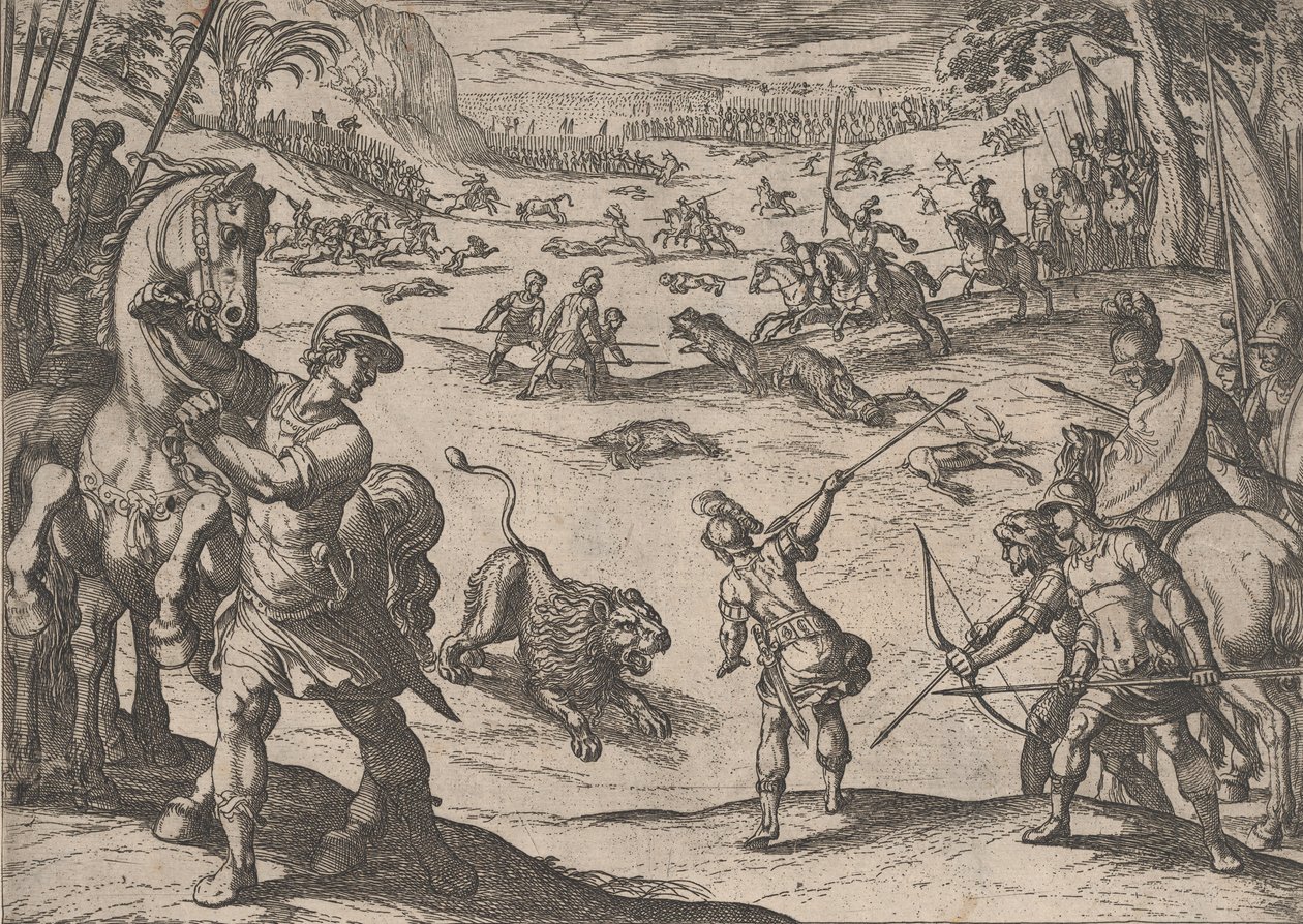 Tafel 11: Alexanders Löwenjagd, aus Die Taten Alexanders des Großen, 1608 von Antonio Tempesta