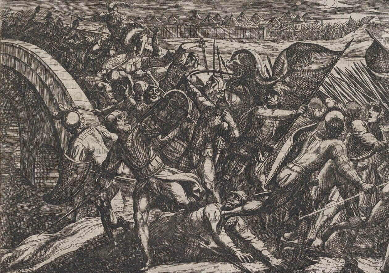 Tafel 27: Die Niederländer während eines Überraschungsangriffs auf das römische Lager an der Mosel, aus The Wa..., 1611 von Antonio Tempesta
