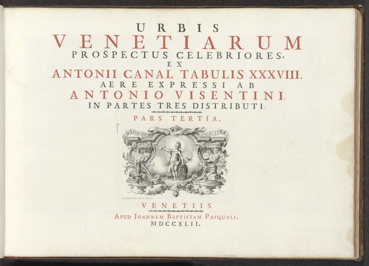 Titelblatt mit einer nackten Frauenfigur mit Schild, Helm und Buch von Antonio Visentini