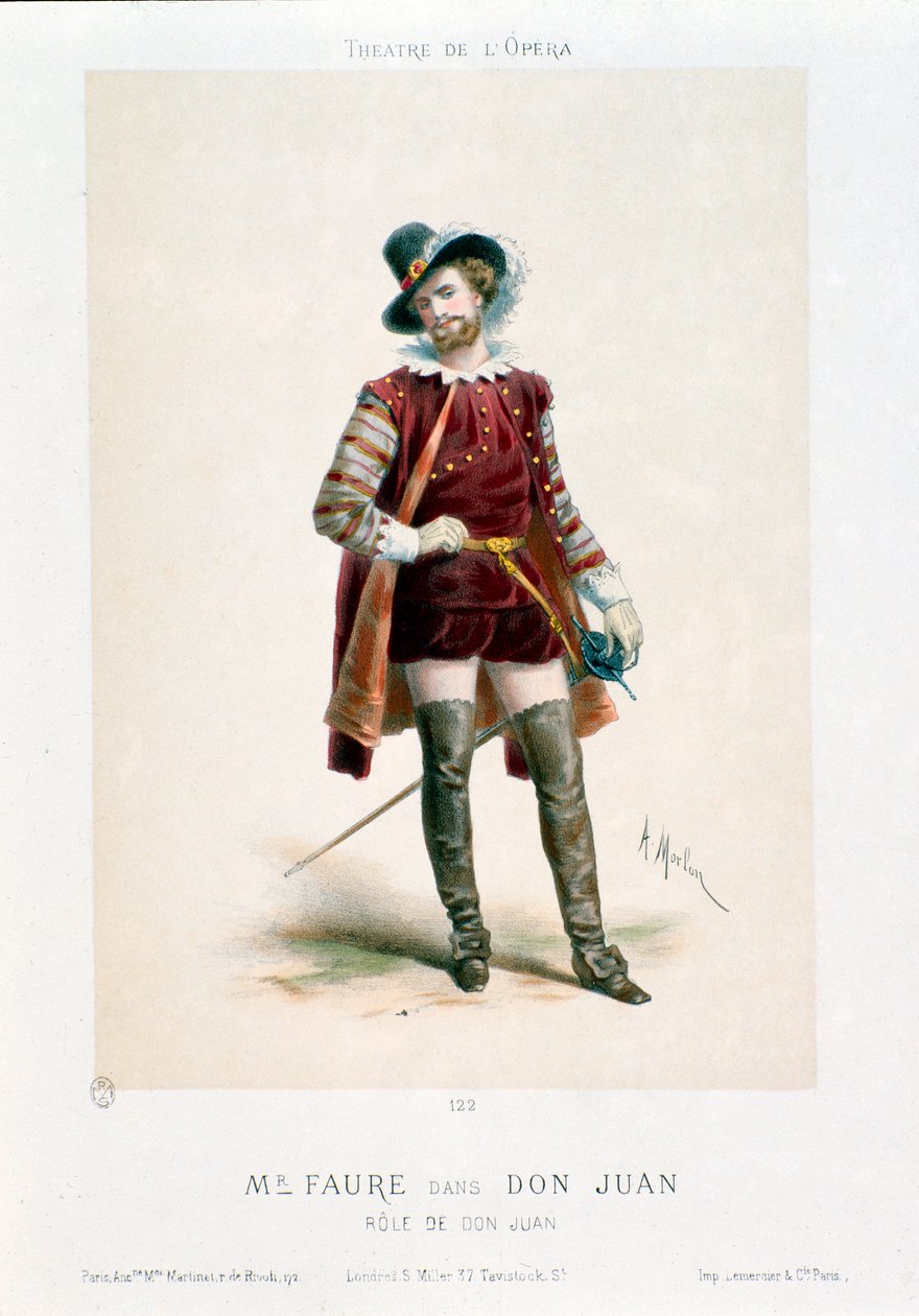 Sänger Jean-Baptiste (Jean Baptiste) Faure (1830-1914) als Don Giovanni in der gleichnamigen Oper von Wolfgang Amadeus Mozart während einer Aufführung im Operntheater in Paris von Antony Paul Emile Morlon