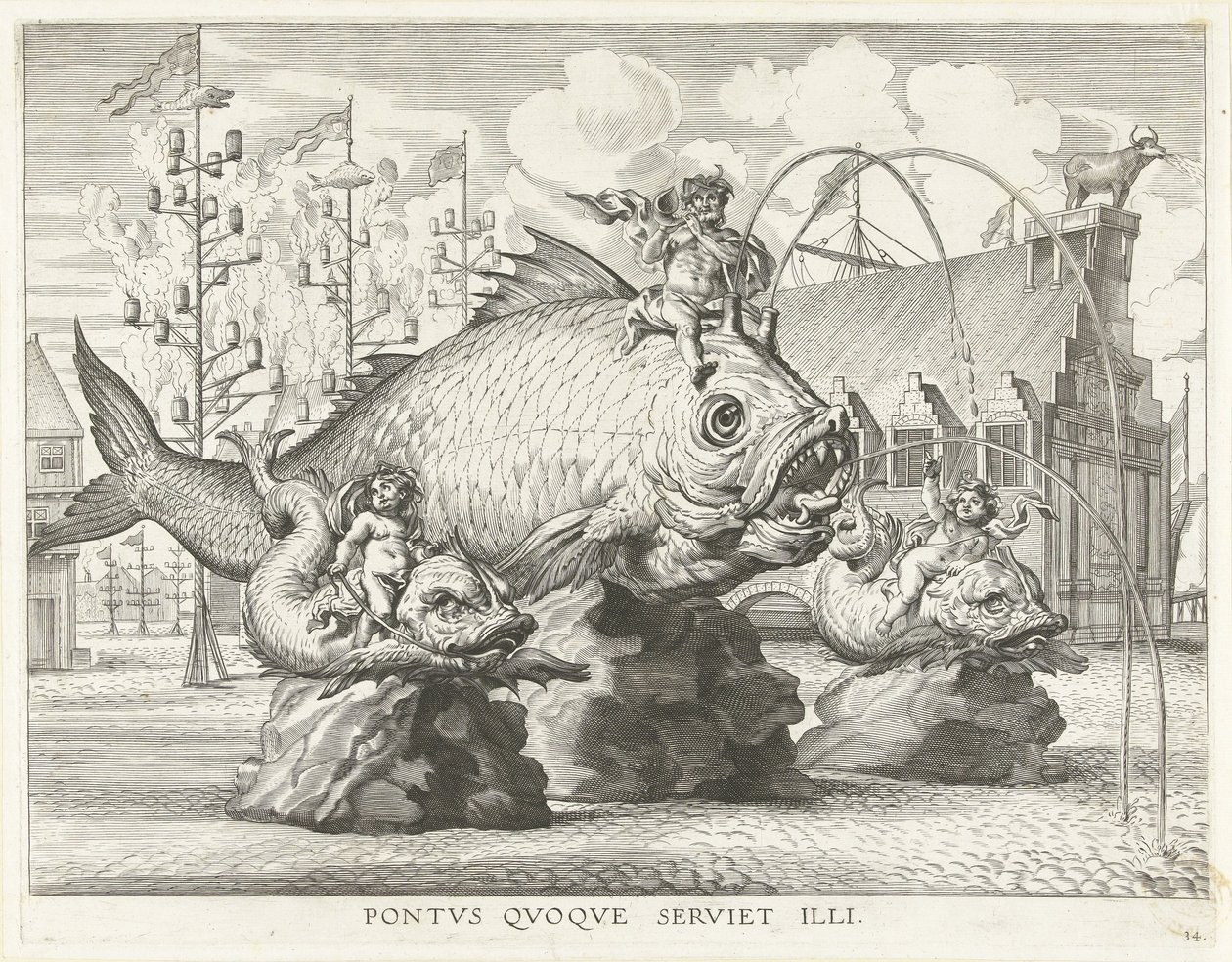 Spektakel mit Triton auf einem Riesenfisch; Einzug von Ferdinand in Gent 1635 von Antony van der Does