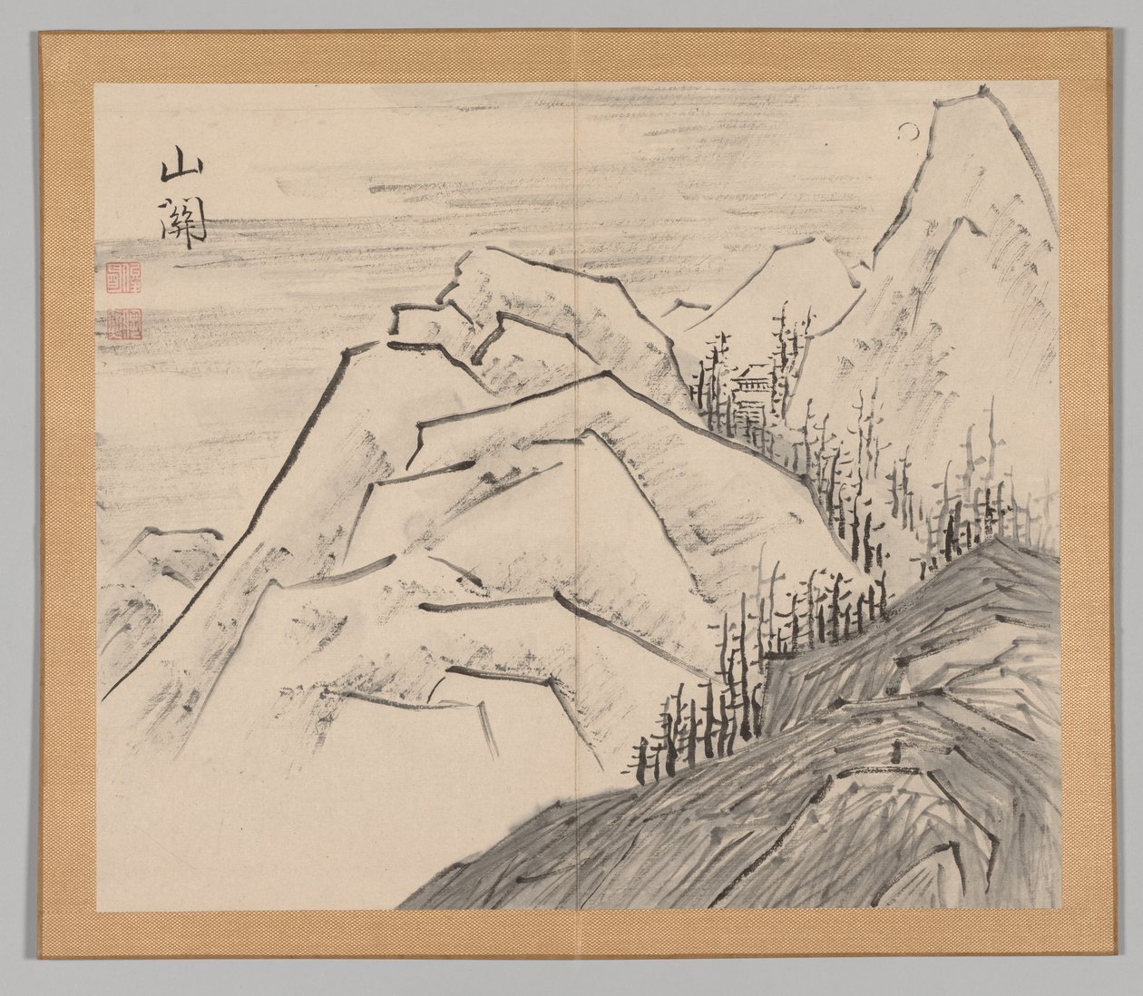 Doppelalbum mit Landschaftsstudien nach Ikeno Taiga, Band 1 Blatt 29, 18. Jahrhundert von Aoki Shukuya