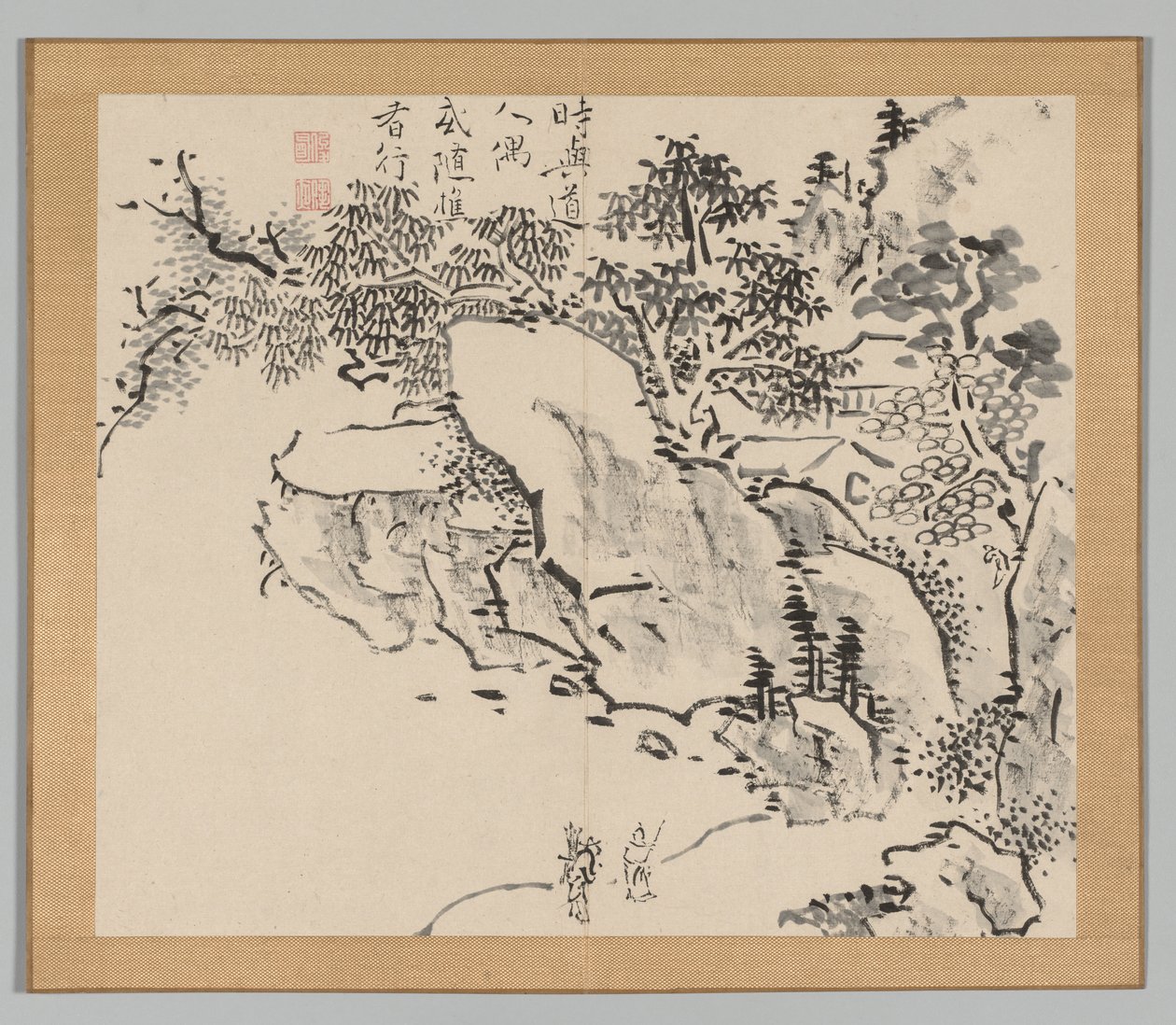 Doppelalbum mit Landschaftsstudien nach Ikeno Taiga, Band 2 Blatt 34, 18. Jahrhundert von Aoki Shukuya