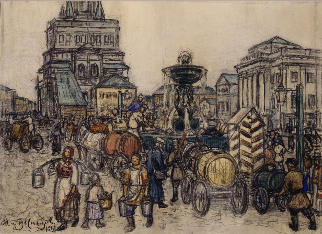 Der Brunnen auf dem Sukharevskaya Platz im 19. Jahrhundert, 1921 von Apollinari Mikhailovich Vasnetsov
