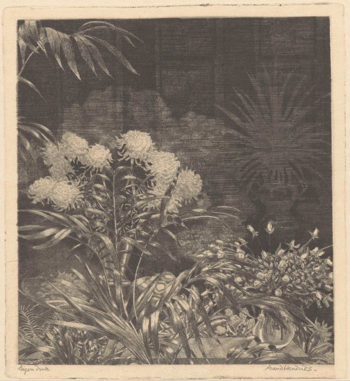 Innenraum mit Blumen in Vasen und Pflanzen in Töpfen von Arend Hendriks (signed by artist)