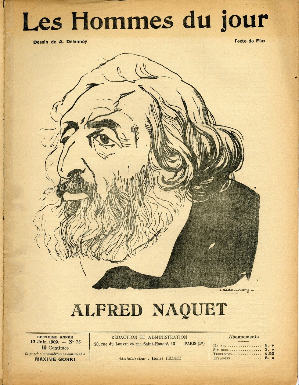 Titelblatt von „Les Hommes du jour“, Satirisch in Schwarz-Weiß von Aristide Delannoy