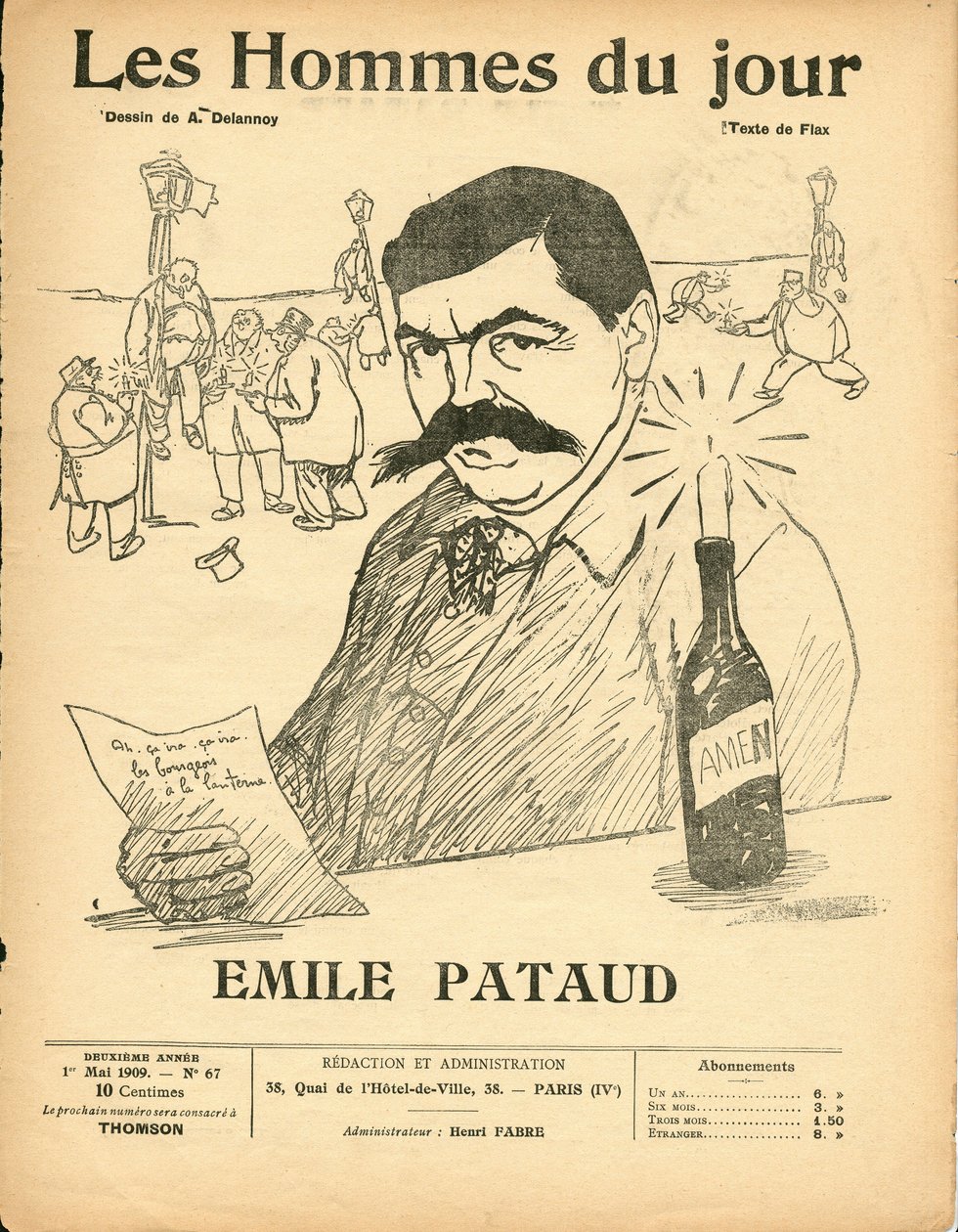 Titelblatt von „Les Hommes du jour“, Satirisch in Schwarz-Weiß von Aristide Delannoy