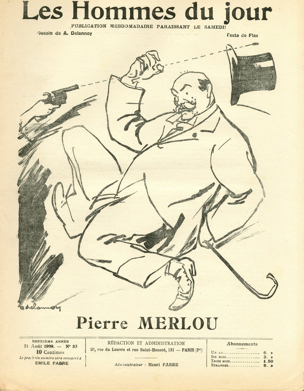 Cover von „Les Hommes du jour“, satirisch in Schwarz-Weiß von Aristide Delannoy