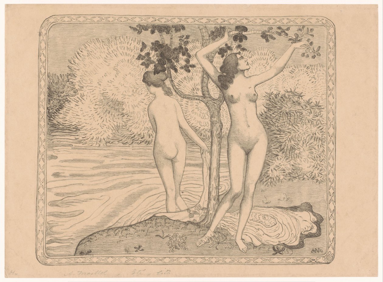 Zwei badende Frauen unter einem Baum am Wasser von Aristide Maillol