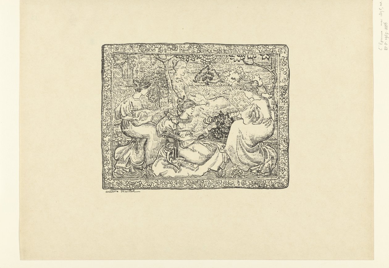 Wandteppich mit vier musizierenden Frauen in der Landschaft von Aristide Maillol