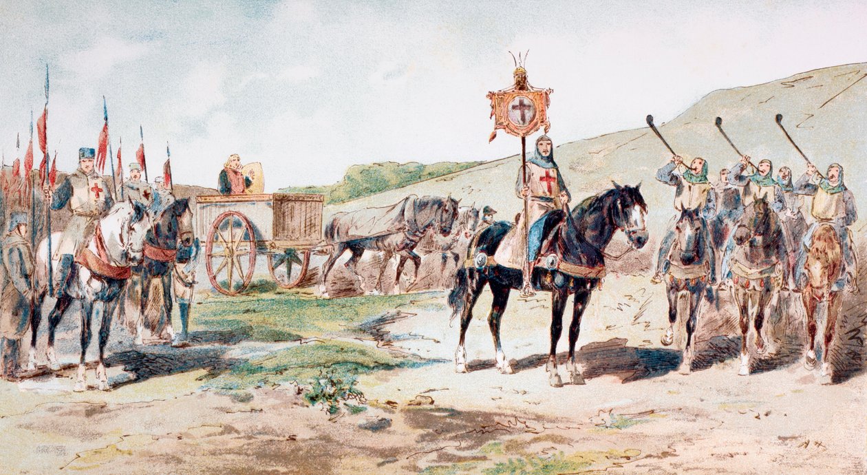 Kreuzfahrer auf dem Marsch im 11. Jahrhundert mit einem pferdegezogenen Versorgungswagen, 1886 von Armand Jean Heins