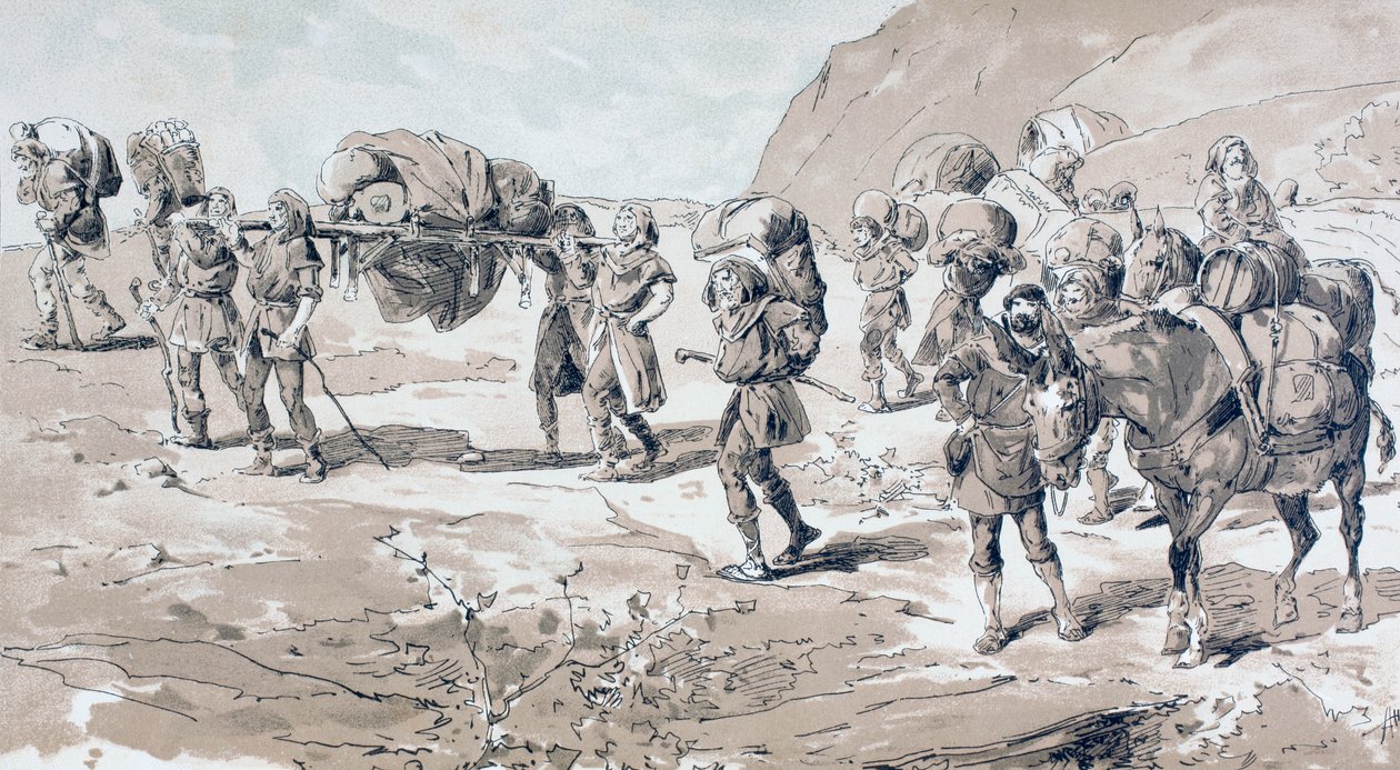 Träger, die Waren in Körben auf ihren Rücken tragen von Armand Jean Heins