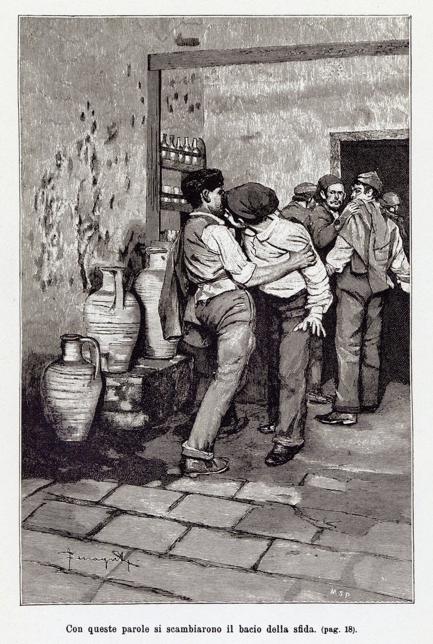 Einladung zum sizilianischen Duell durch den tödlichen Kuss, tatsächlich ein Biss ins Ohr. Illustration von Arnaldo Ferraguti für die neue Cavalleria Rusticana von Giovanni Verga. 1897 von Arnaldo Ferraguti
