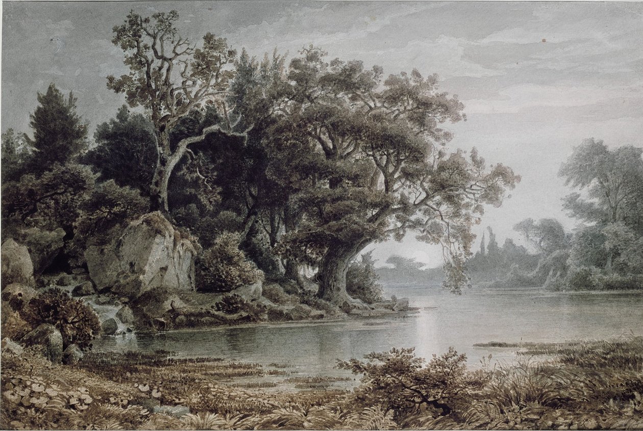 Waldlandschaft am Wasser bei aufgehendem Mond von Arnold Böcklin
