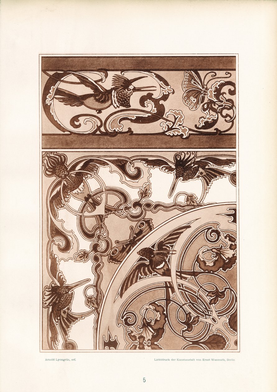 Jugendstil-Ornamentdesign mit Vögeln und Schmetterlingen von Arnold Lyongrün