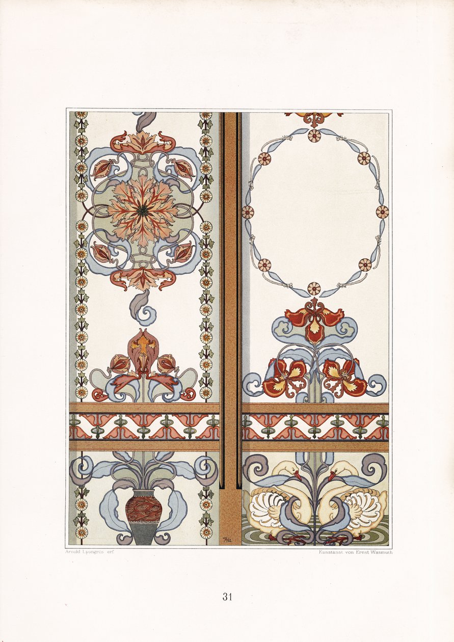 Jugendstil-Paneele mit Iris- und Blumenornamenten von Arnold Lyongrün