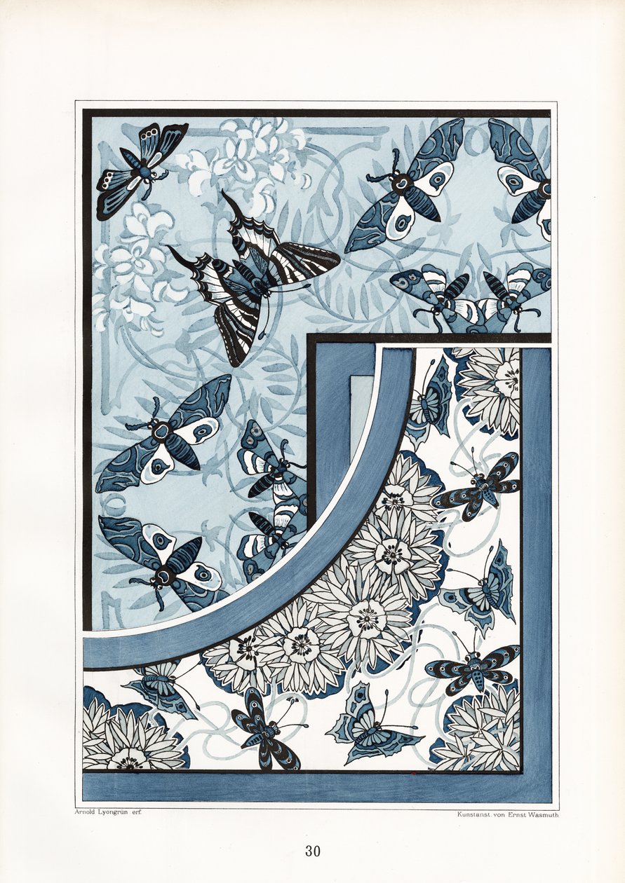 Schmetterlinge und Motten in blau-weißem Blumenmuster von Arnold Lyongrün