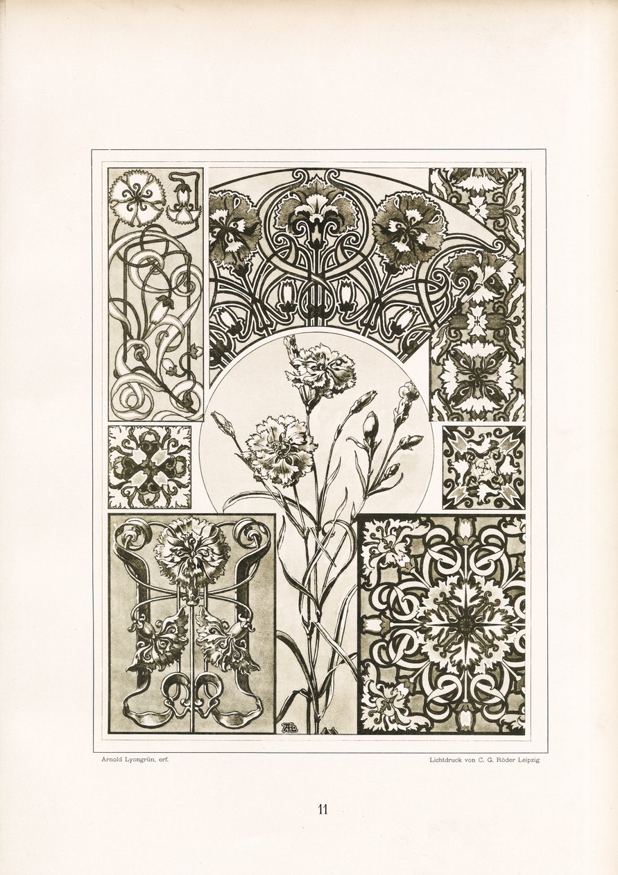 Nelkenmotive und ornamentale Oberflächenmuster in Monochrom von Arnold Lyongrün