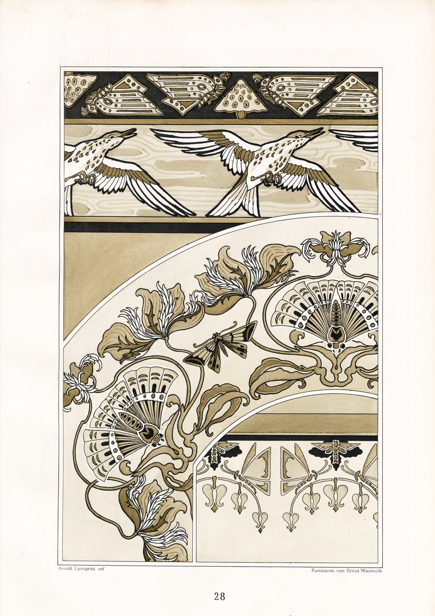 Dekorative Jugendstil-Ornamente mit Vögeln und Fächermotiven (Lithografie) von Arnold Lyongrün