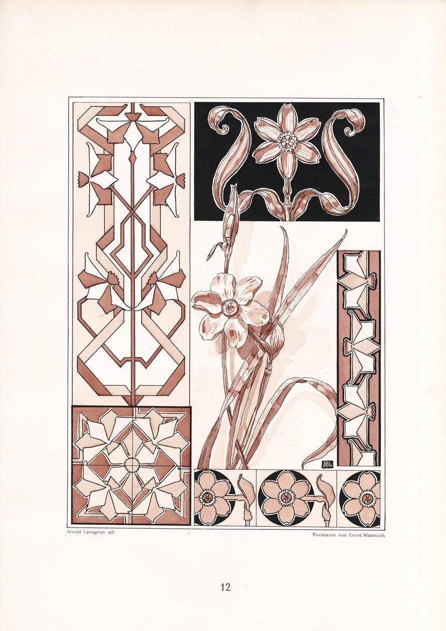 Narzissenmotive und geometrische Ornamente in Rosatönen von Arnold Lyongrün