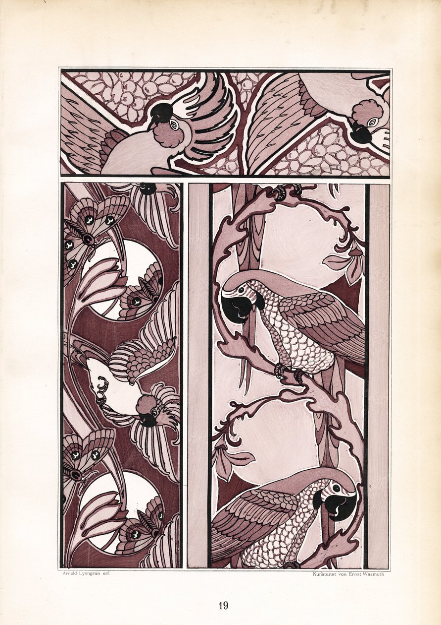 Ornamentale Bordüren mit Kakadus und Papageien von Arnold Lyongrün