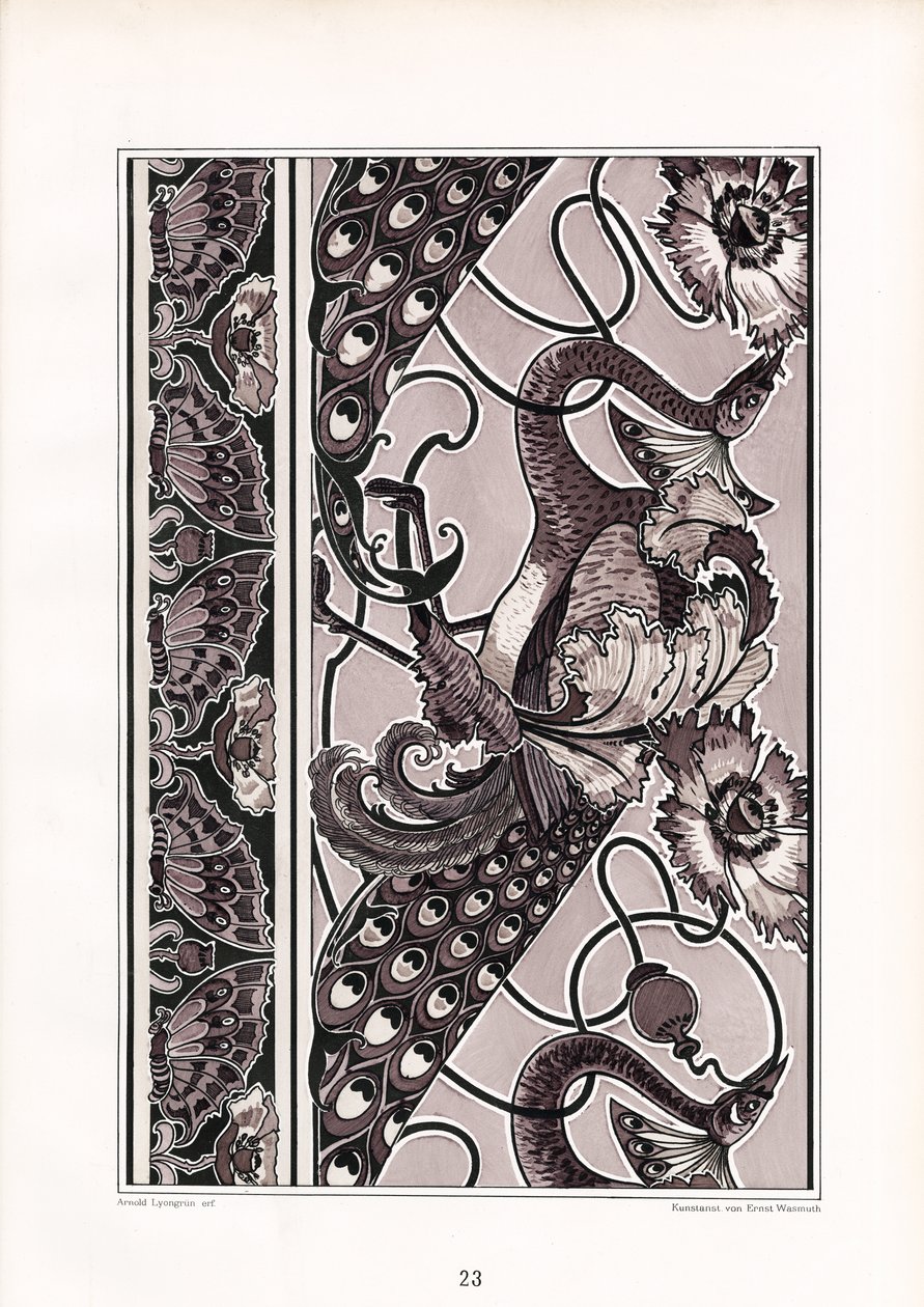 Ornamentrahmen mit Pfauen und Nelken in Monochrom von Arnold Lyongrün