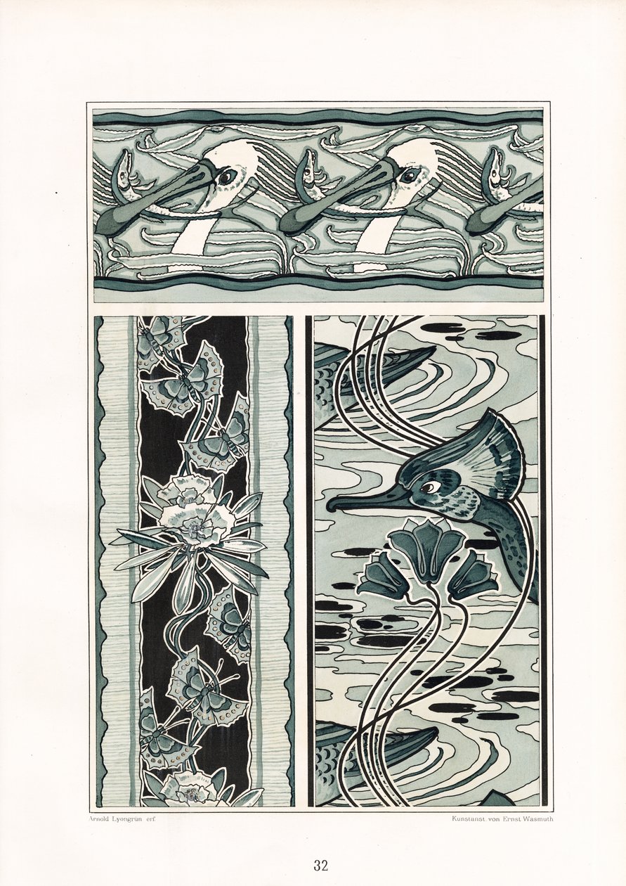 Ornamentale Kompositionen mit Schwänen und Schmetterlingsmotiven (Lithografie) von Arnold Lyongrün