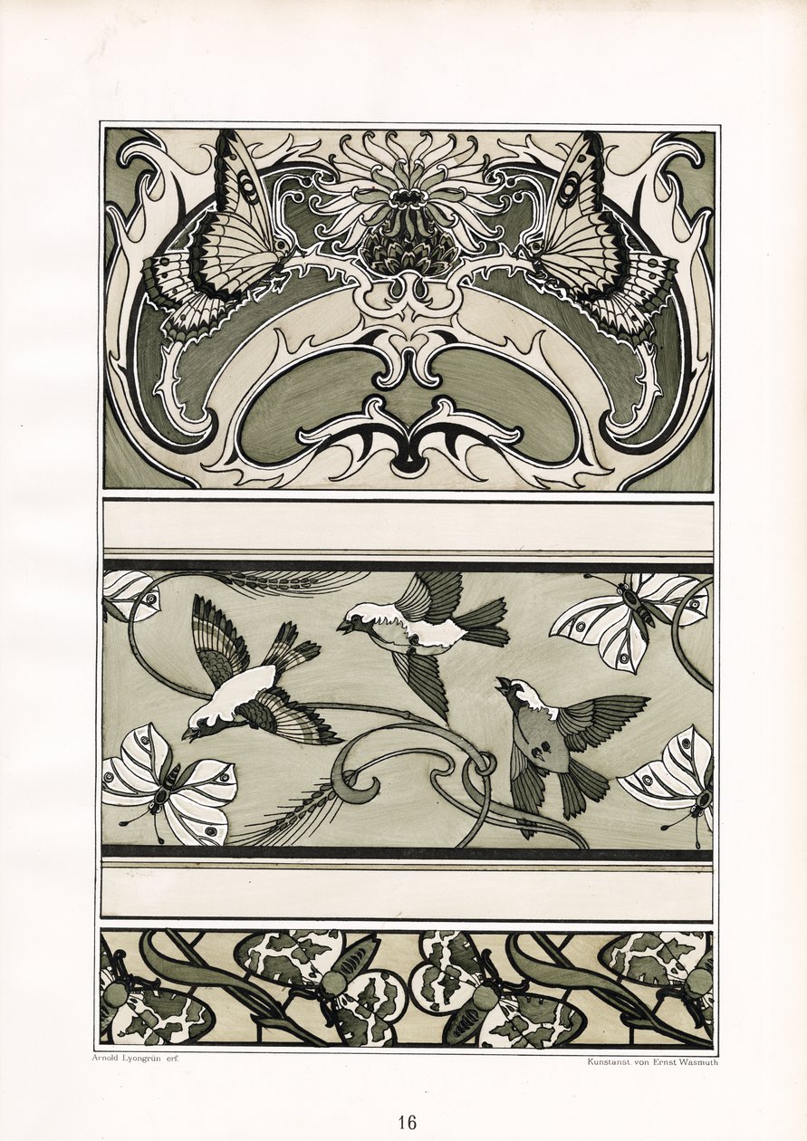 Ornamentale Friese mit Vögeln, Schmetterlingen und Blumenmotiven von Arnold Lyongrün