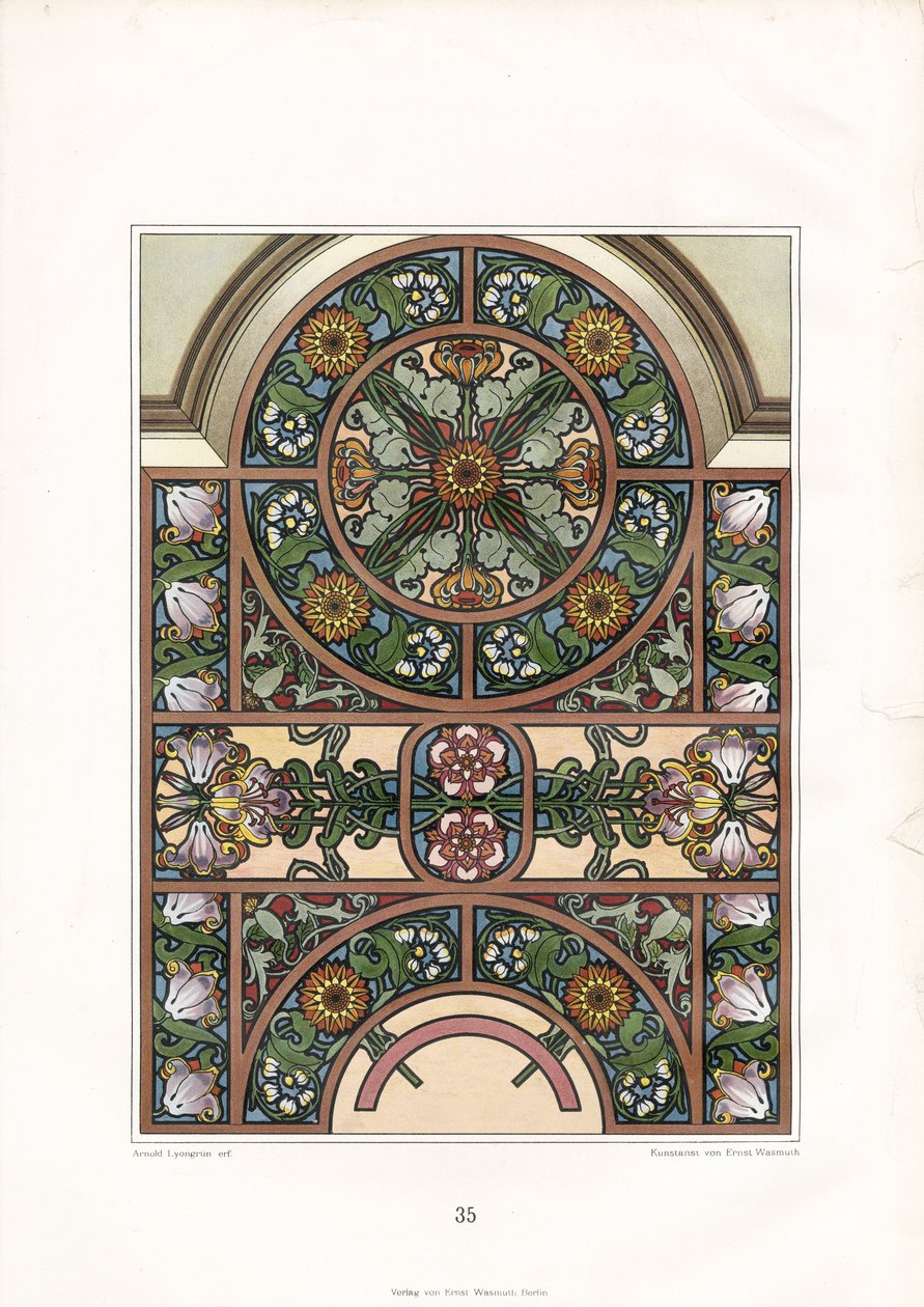 Ornamentaler Fensterbogen mit Sonnenblumen und Tulpen von Arnold Lyongrün