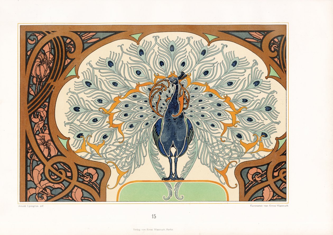 Pfau in dekorativem Rahmen mit Jugendstil-Dekoration (Lithografie) von Arnold Lyongrün