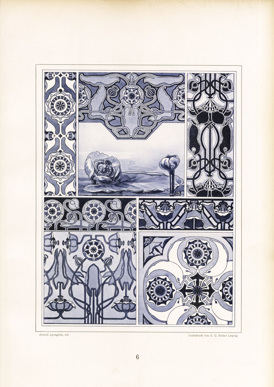 Mohnmotive und geometrische Ornamente in Blautönen von Arnold Lyongrün